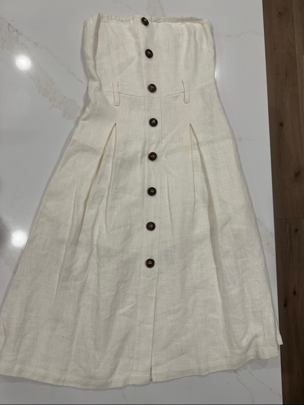 Strapless Cream Button-Front Linen Dress with Pockets Size Small